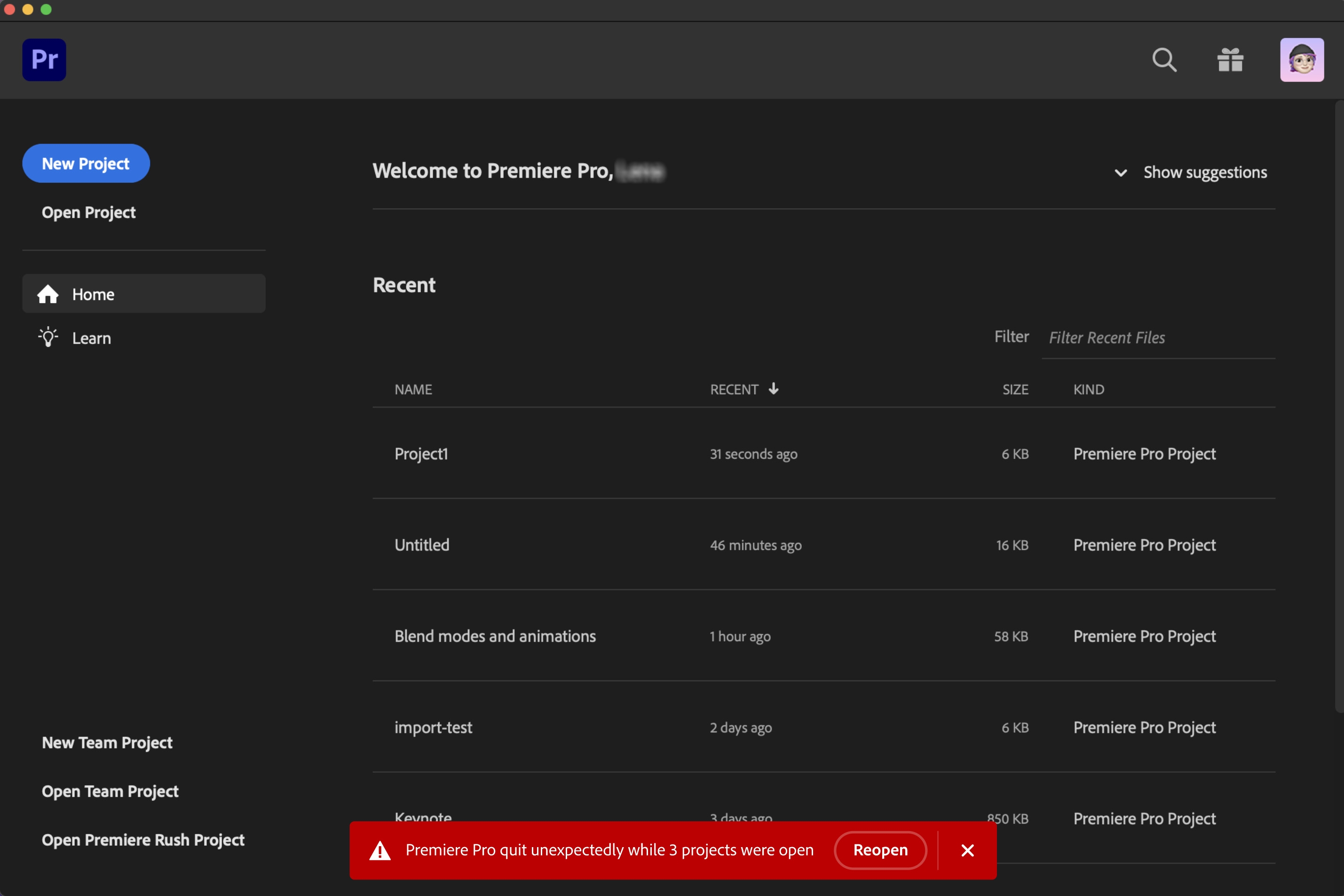 How to recover projects in Premiere Pro